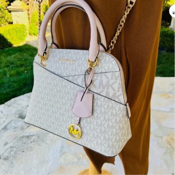 MICHAEL KORS JET SET DOME SATCHEL SHOULDER BAG POWDERED BLUSH SIGNATURE LOGO NWT - Picture 7 of 10